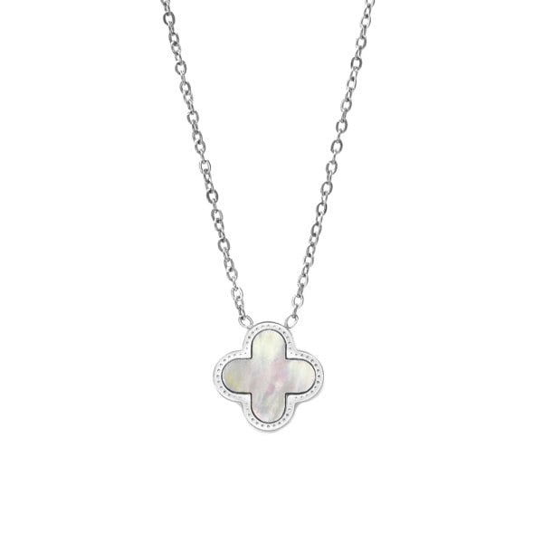 Say It With Clover Necklace - Stainless Steel (Silver Plated & Faux Pearl)