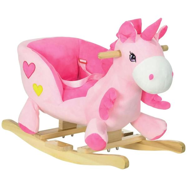 Pink plush unicorn rocking horse ride-on with wooden base and heart-pattern seat