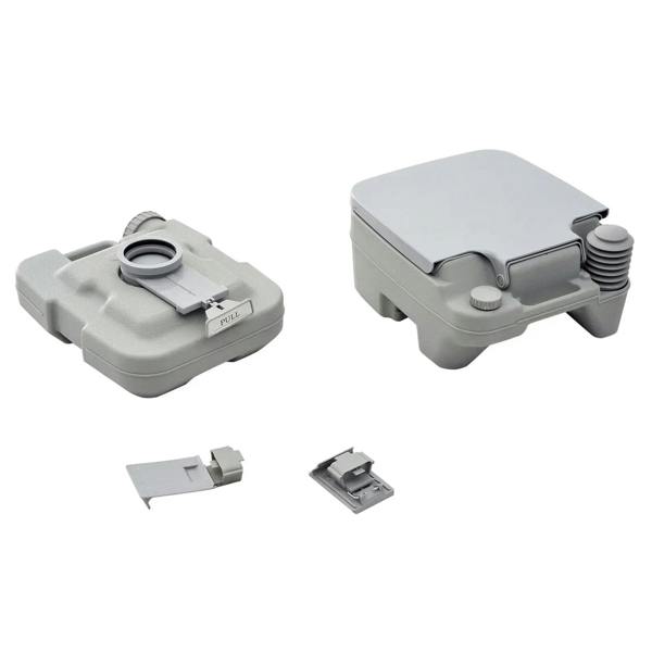 Grey portable toilet showing detachable fresh and waste tank units