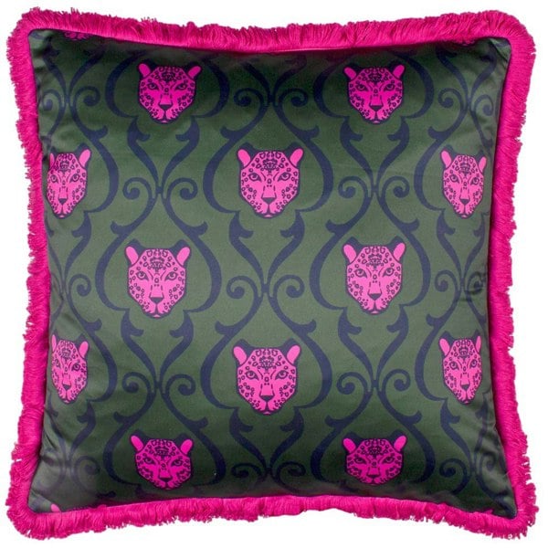 Paoletti Lupita Fringed Cheetah Cushion Cover - Emerald/Pink