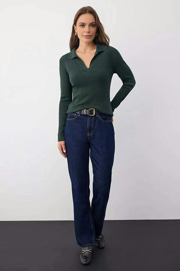 WOVCOR Polo Collar Ribbed Knit Sweater