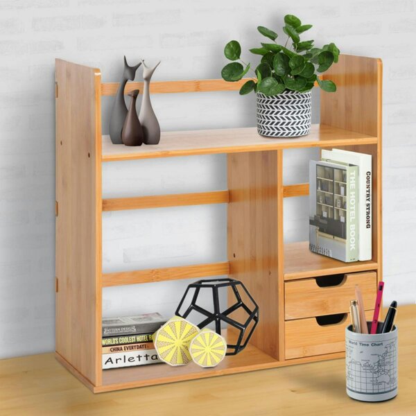 Dyzi Bamboo Desk Organiser Rotatable Desktop Bookshelf with 2 Drawers