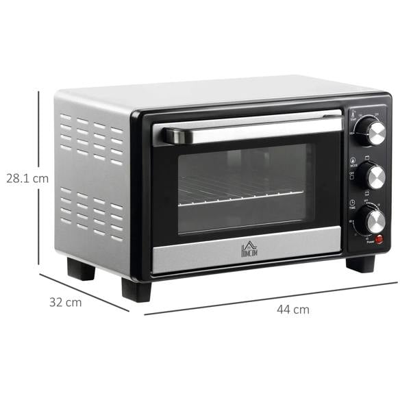Silver and black countertop oven with glass door, dark dial knobs, and legs