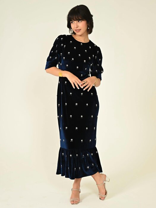 Rose & Nancy Stevie Navy Velvet Hand Embellished Midi Dress