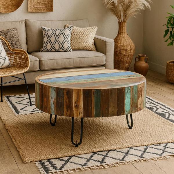 Wyld Haus Seattle Reclaimed Wood and Metal Drum Coffee Table