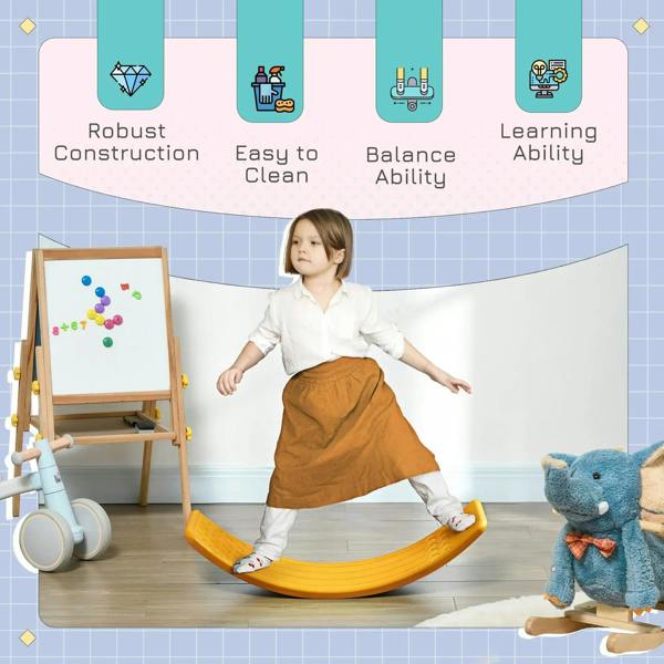 Orange balance board wobble toy for kids, child standing and stepping