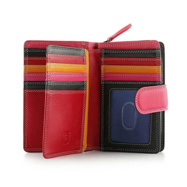 Open view of Black wallet with an pink strap against a white background