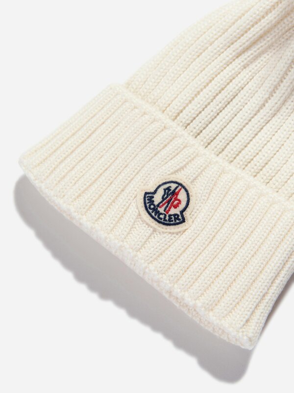 Moncler Enfant Girls Beanie with Faux Fur Pom Pom in Ivory
