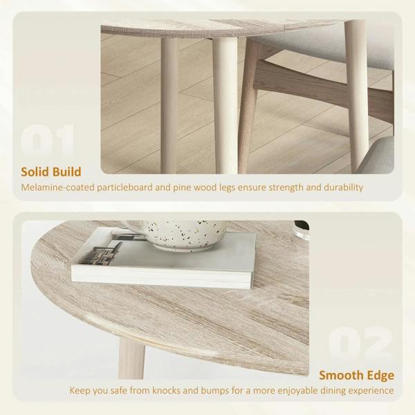 Round drop-leaf dining table with smooth edge, light wood top, and sturdy wood legs
