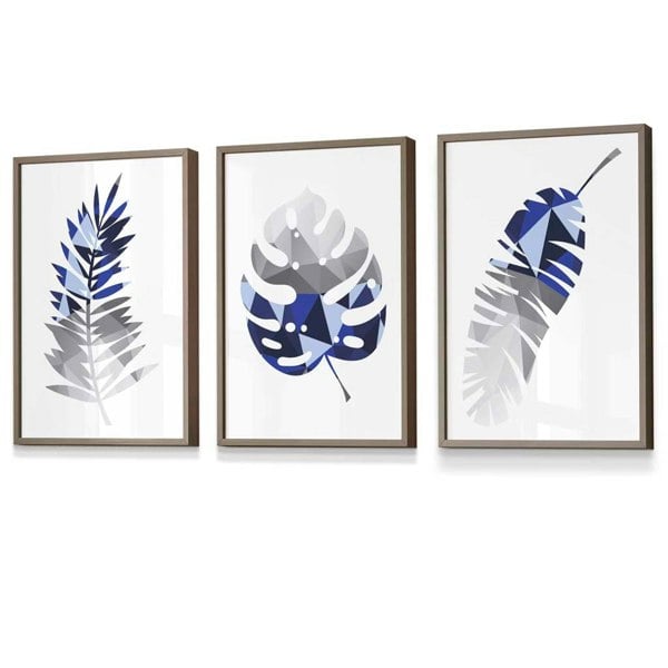 Artze Wall Art GEOMETRIC Set of 3 Blue & Grey Tropical Leaves Framed Prints