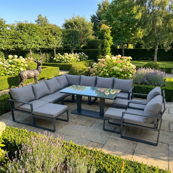 Fimous 12 Seater Aluminium Garden Furniture Set with Corner Sofa, 2 Chairs, 3 Footstools & Adjustable Dining Table - Grey