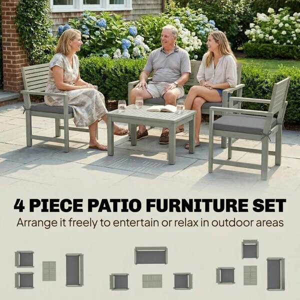 4 Seater Wooden Garden Furniture Set with Loveseat, Armchairs, Table, Acacia Wood Garden Sofa Set, Light Grey