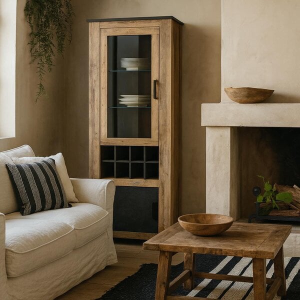 Wyld Haus Juniper Chestnut and Matera Grey 2 Door Display Cabinet with Wine Rack