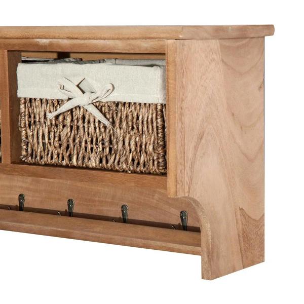 Close-up of brown coat rack shelf showing woven basket interior and four hooks