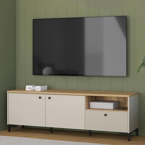 Furniture To Go Bixbite Wide TV Unit with Fluted Drawer, Open Shelf & Cupboard in Mauvella Oak and Sand
