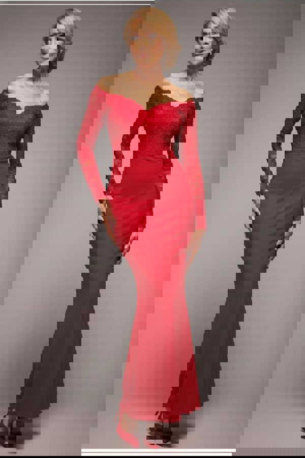 Scalloped Lace Bodice Long Sleeve Bardot Maxi Dress - Red DR4678M