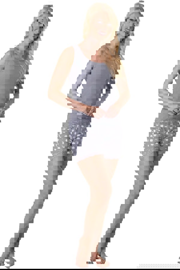 Camille Grey Lightweight 100% Cotton Plain Sleeveless Top Pyjama Set With Lace Detailing