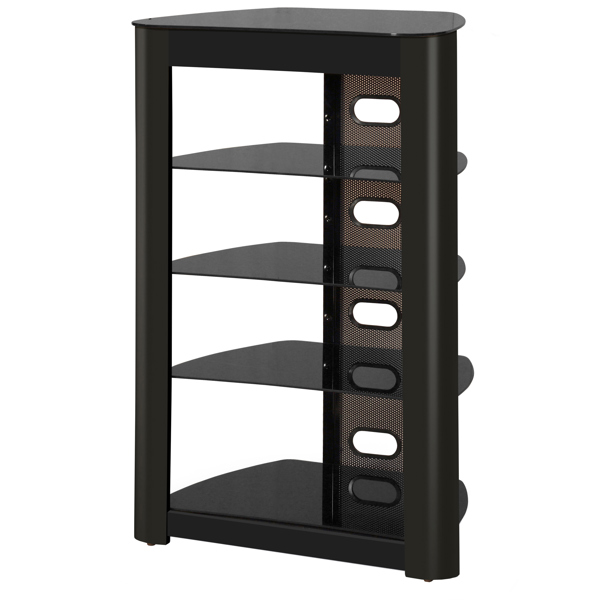 Centurion Supports Zinnia 5-Shelf Black Glass with Gloss Black Fascia Flat Screen TV/Hi-Fi/AV Rack Glass Stand