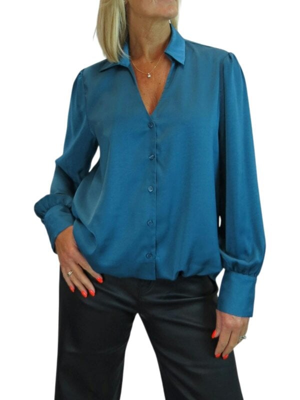 Paulo Due Women's Satin Blouse Ladies Long Sleeve Button Through Shirt - Dark Teal