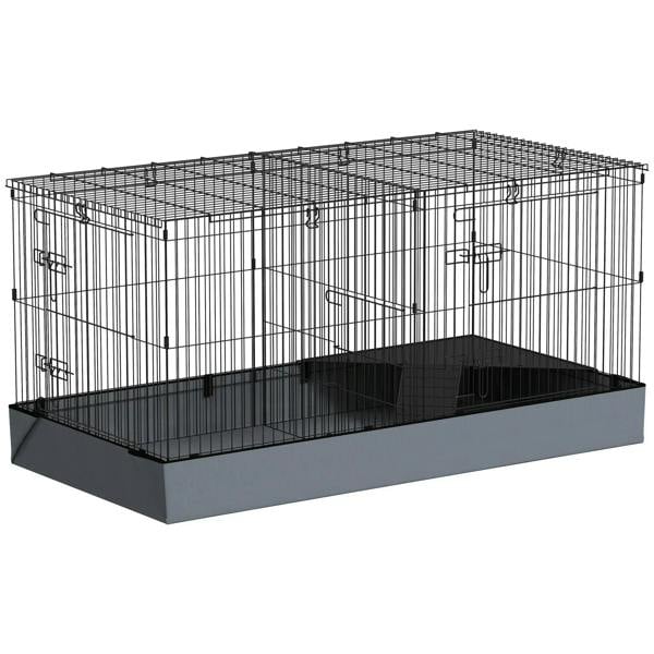 Black wire pet playpen cage with dark base and front access door