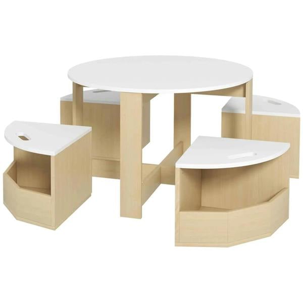 Kids table and chair set with storage; white tabletop and seats, light wood bases