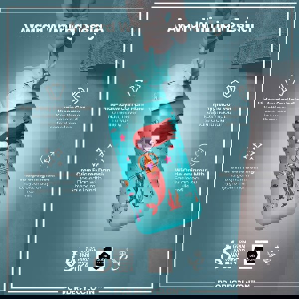 A teal water bottle, featuring a mermaid design, is being held. It has a hide-away handle, a hygiene cover, and a wide mouth. Awards won are displayed.