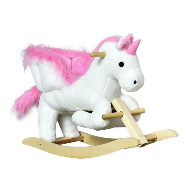 Pink and white plush unicorn rocking horse toy with wooden rocker base and seat