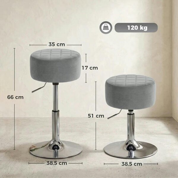 Bar Stool Adjustable Swivel Chair Velvet-Feel Seat 1 Piece, Grey