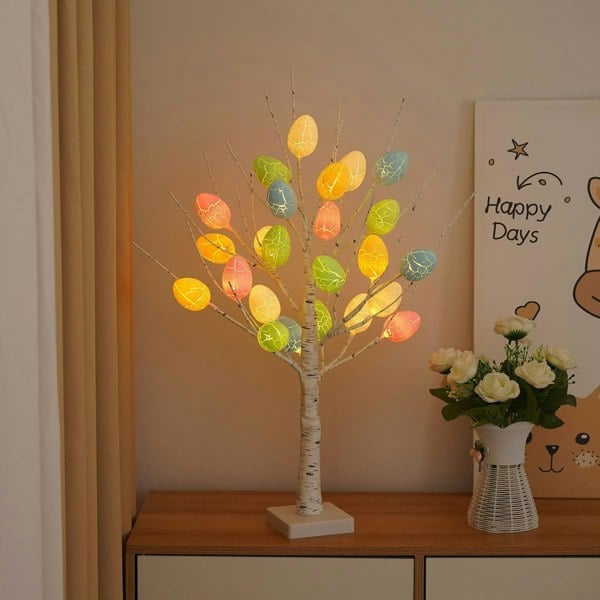 24 LED Easter Tree with Colourful Egg Decorations – Birch Twig Tree, Battery or USB Powered, Easter Table Decor Gift