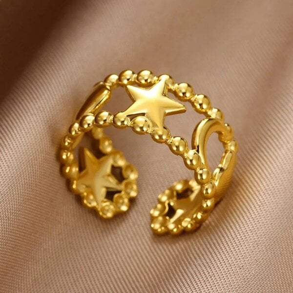 The Colourful Aura Celestial Star Moon Beaded Adjustable Ring Open Band (Gold/Silver) - Gold - Gold