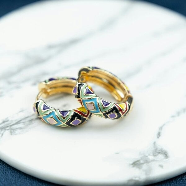The Colourful Aura Large Enamel Huggie Multicolour Rainbow Dainty Floral Hoop Earrings