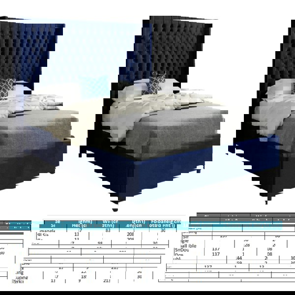 Casa Magna Volta Straight Winged Upholstered Soft Velvet Bed Frame - Blue