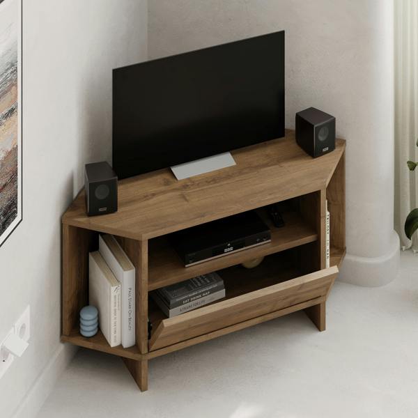 Decortie Modern Viva Corner TV Unit Shelf up to 36 Inch TVs Push to Open Storage Cabinet, 3 Open Shelf Media Centre 95.7(W)cm