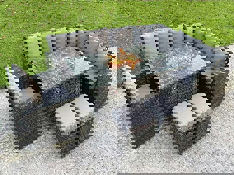 Fimous High Back Rattan Garden Furniture Sets Gas Fire Pit Dining Table Gas Heater Set Right Corner Sofa Small Footstools Chair 9 Seater