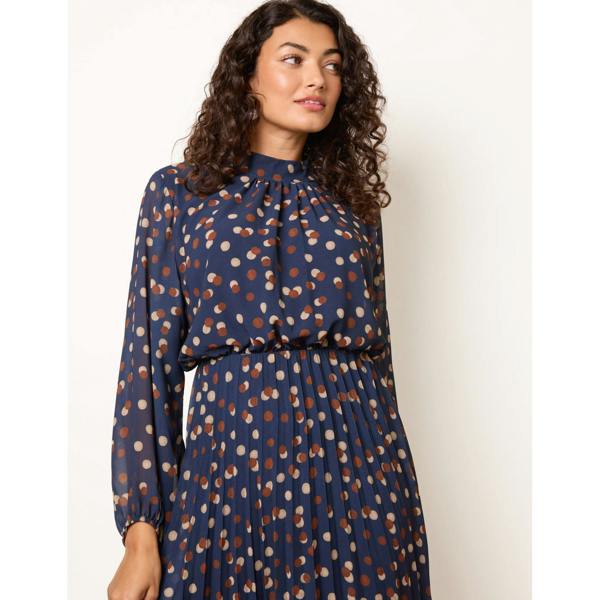 Blue Vanilla Shadow Polka Dot High Neck Pleated Dress