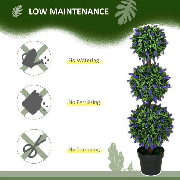 Artificial lavender ball tree with green leaves and purple flower clusters in a black pot