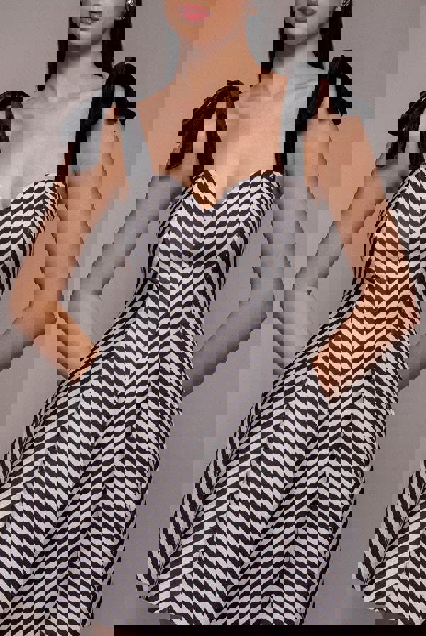 Diagonal Stripe Velvet Bow A Line Mini Dress - Black White DR5098