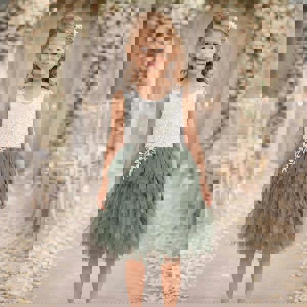 UK Flower Girl Boutique Boho Dreams Tutu Dress - Sage Green Applique