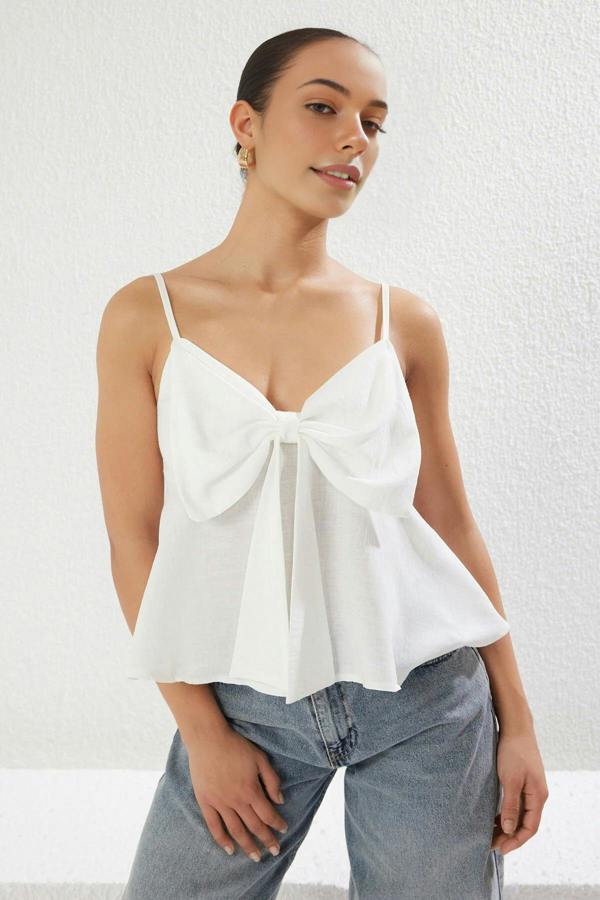 WOVCOR Linen-Look Woven Blouse with Bow Detail