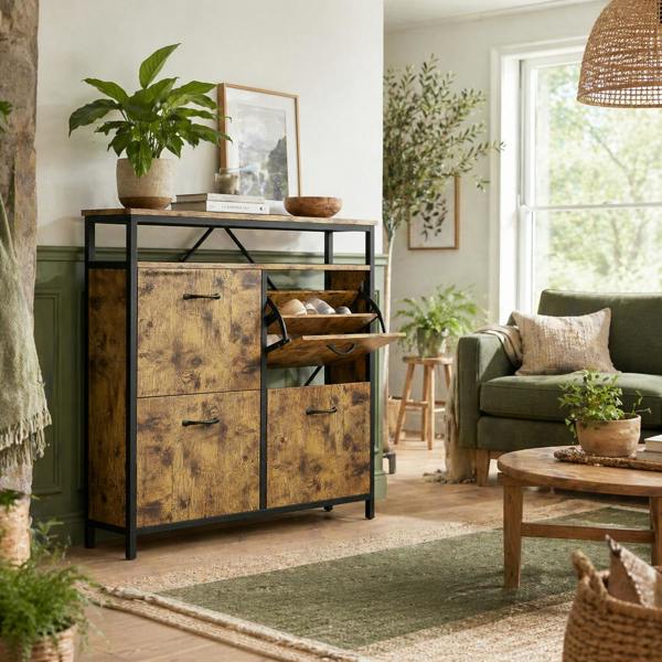 Wyld Haus Vebael Wooden Rustic Brown Shoe Cabinet With 4 Flip Drawers And Shelf