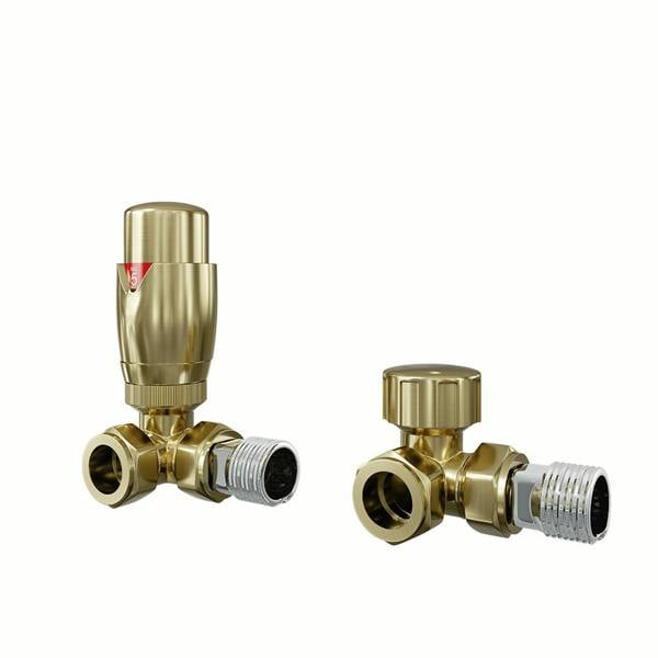 Flode Corner Thermostatic Radiator Valve Pack | 15mm x 1/2" | Brushed Brass