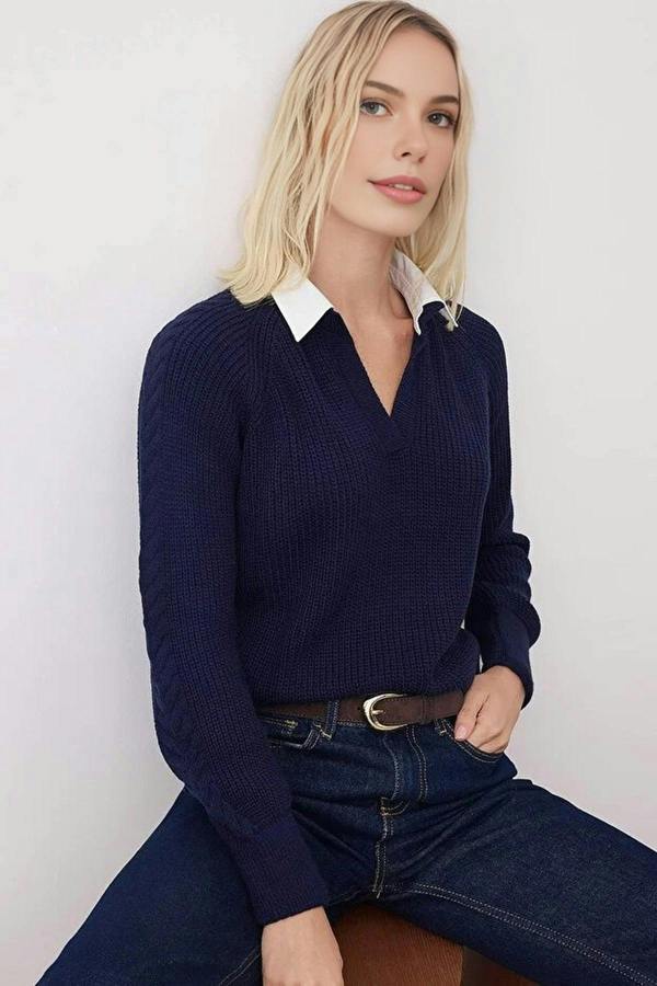 WOVCOR Shirt Trimmed Soft Textured Knit Sweater