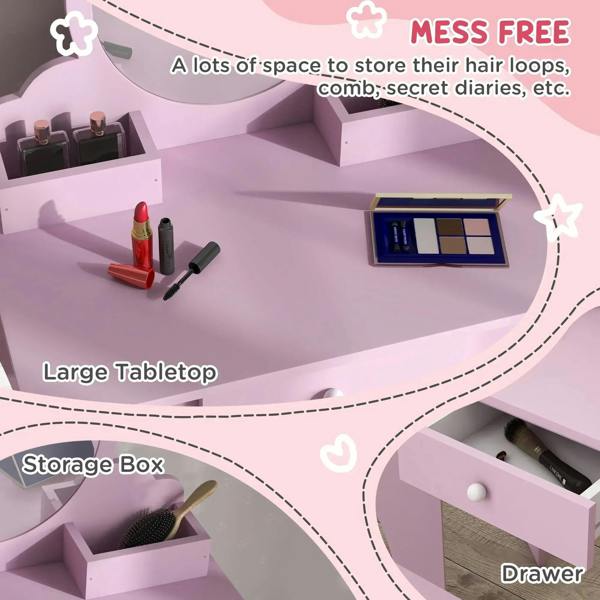 Pink kids vanity table with open compartments, storage boxes, and large tabletop
