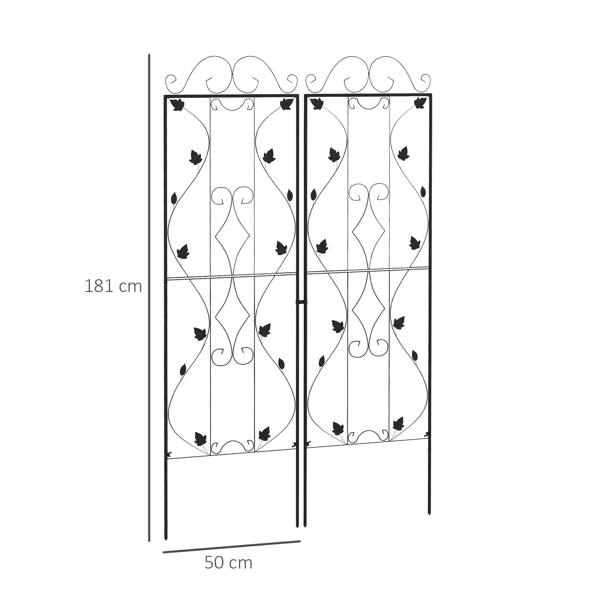 Black metal trellis set of 2, 181 cm tall frame with leaf and scroll pattern