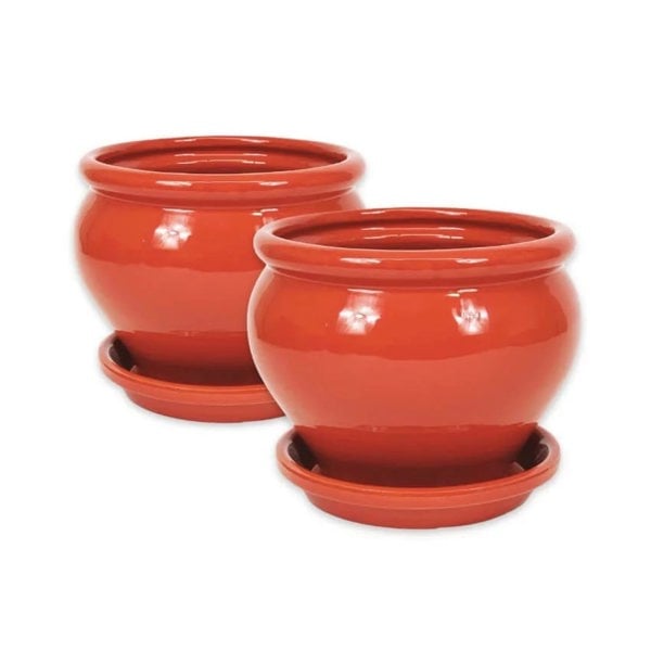 Bola Pot 25x21cm - Dipped Red - Set of 2 with 2 x 27cm Drainage Plates