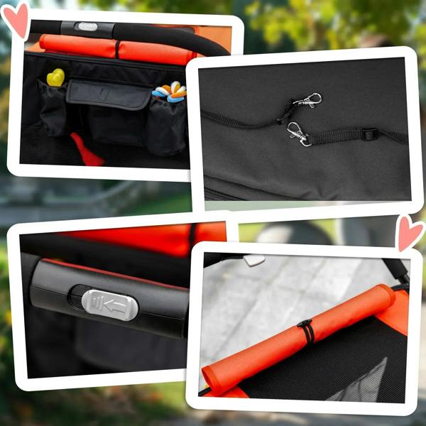 Red-and-black foldable pet stroller with storage pocket, safety strap, and handle detail.