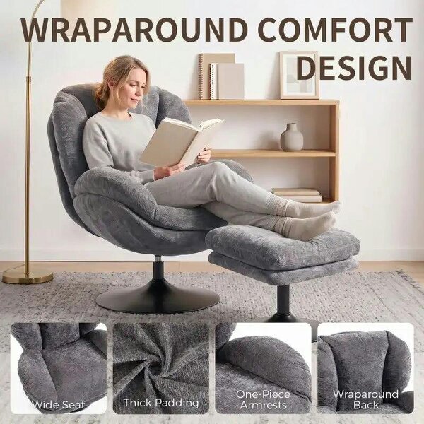 Modern Chenille Lazy Chair with Ottoman, 360° Swivel, Upholstered Reading Seat Set for Living Room, Dark Grey