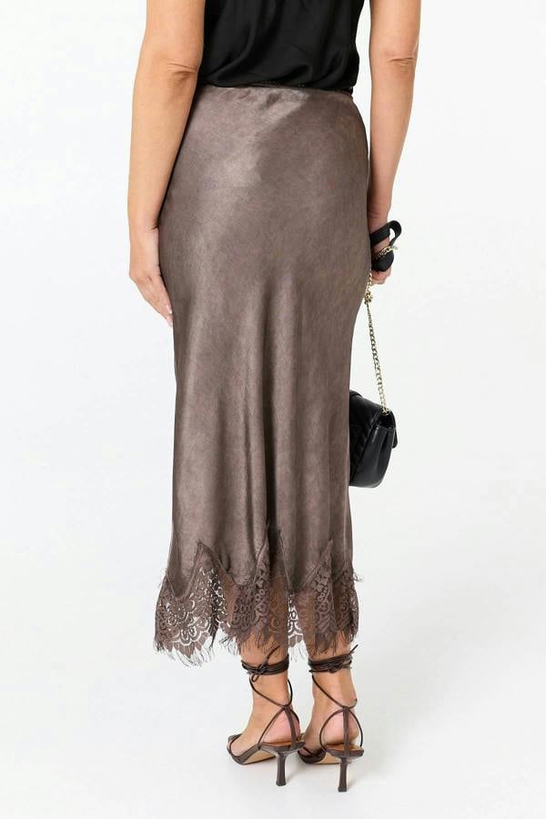 Brown | Lace Trim Satin Texture Midi Skirt