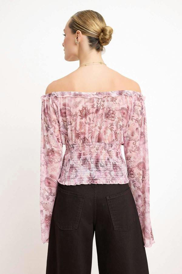 Pool Neck Spanish Sleeve Gathered Crop Mesh Top