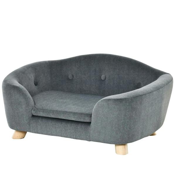 Grey pet sofa bed for small dogs with plush seat, button-tufted back, and wooden legs